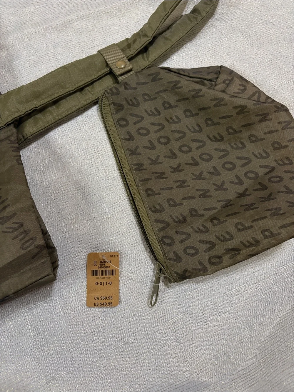 PINK Victorias Secret Large Olive Green Nylon Tote Bag with Matching Pouch